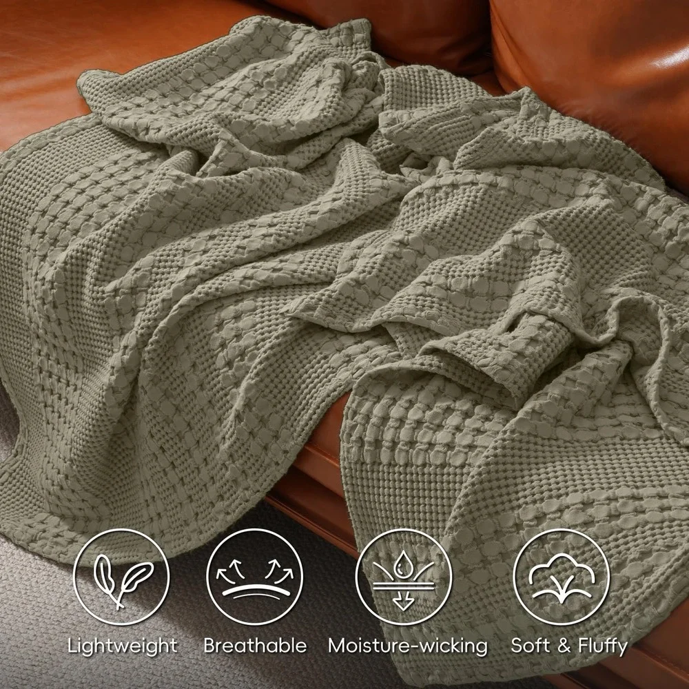 PHF Waffle Blanket Queen Dusty Sage 100% Cotton Textured Lightweight Soft New